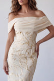 Sheath Champagne Floral Off the Shoulder Long Formal Dress