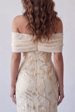 Sheath Champagne Floral Off the Shoulder Long Formal Dress