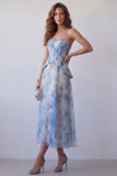Dusty Blue Floral A Line Corset Midi Wedding Guest Dress