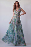 Dusty Sage Floral A Line Pleated Long Wedding Guest Dress