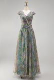 Dusty Sage Floral A Line Pleated Long Wedding Guest Dress