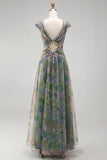 Dusty Sage Floral A Line Pleated Long Wedding Guest Dress
