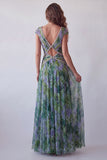 Dusty Sage Floral A Line Pleated Long Wedding Guest Dress