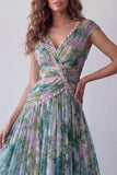 Dusty Sage Floral A Line Pleated Long Wedding Guest Dress