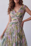 Dusty Sage Floral A Line Pleated Long Wedding Guest Dress