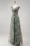 Dusty Sage Floral A Line Pleated Long Wedding Guest Dress
