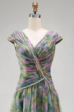 Dusty Sage Floral A Line Pleated Long Wedding Guest Dress