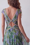 Dusty Sage Floral A Line Pleated Long Wedding Guest Dress