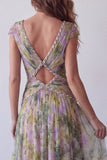 Dusty Sage Floral A Line Pleated Long Wedding Guest Dress
