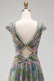 Dusty Sage Floral A Line Pleated Long Wedding Guest Dress