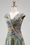 Dusty Sage Floral A Line Pleated Long Wedding Guest Dress