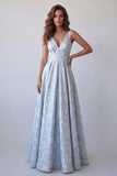 Light Blue A Line Floral V Neck Long Formal Dress