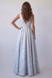 Light Blue A Line Floral V Neck Long Formal Dress