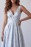 Light Blue A Line Floral V Neck Long Formal Dress
