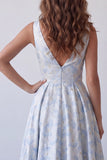 Light Blue A Line Floral V Neck Long Formal Dress