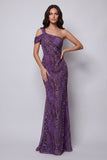 One Shoulder Purple Floral Long Formal Dress