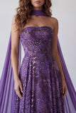 A Line Floral Purple Long Formal Dress