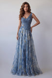 Floral A Line V Neck Dusty Blue Long Wedding Guest Dress