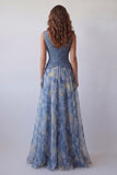 Floral A Line V Neck Dusty Blue Long Wedding Guest Dress