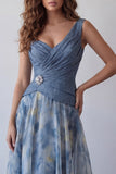 Floral A Line V Neck Dusty Blue Long Wedding Guest Dress