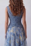 Floral A Line V Neck Dusty Blue Long Wedding Guest Dress
