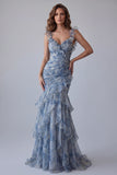 Dusty Blue Floral Ruffled Mermaid Long Wedding Guest Dress