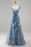 Dusty Blue Floral Ruffled Mermaid Long Wedding Guest Dress