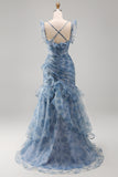 Dusty Blue Floral Ruffled Mermaid Long Wedding Guest Dress