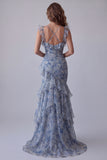 Dusty Blue Floral Ruffled Mermaid Long Wedding Guest Dress