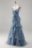 Dusty Blue Floral Ruffled Mermaid Long Wedding Guest Dress
