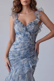 Dusty Blue Floral Ruffled Mermaid Long Wedding Guest Dress