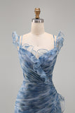 Dusty Blue Floral Ruffled Mermaid Long Wedding Guest Dress