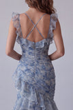 Dusty Blue Floral Ruffled Mermaid Long Wedding Guest Dress
