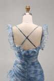 Dusty Blue Floral Ruffled Mermaid Long Wedding Guest Dress