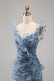 Dusty Blue Floral Ruffled Mermaid Long Wedding Guest Dress