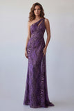 One Shoulder Purple Floral Backless Long Formal Dress