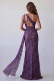 One Shoulder Purple Floral Backless Long Formal Dress