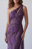 One Shoulder Purple Floral Backless Long Formal Dress