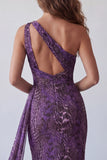 One Shoulder Purple Floral Backless Long Formal Dress