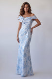 Sky Blue Mermaid Off the Shoulder Long Floral Formal Dress