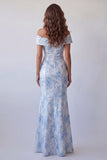 Sky Blue Mermaid Off the Shoulder Long Floral Formal Dress