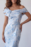 Sky Blue Mermaid Off the Shoulder Long Floral Formal Dress