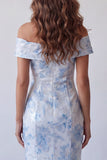 Sky Blue Mermaid Off the Shoulder Long Floral Formal Dress
