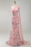 One Shoulder Pink Sparkly Mermaid Long Formal Dress