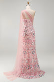 One Shoulder Pink Sparkly Mermaid Long Formal Dress