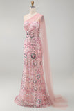 One Shoulder Pink Sparkly Mermaid Long Formal Dress