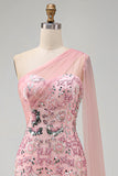 One Shoulder Pink Sparkly Mermaid Long Formal Dress
