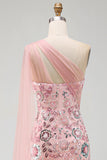One Shoulder Pink Sparkly Mermaid Long Formal Dress