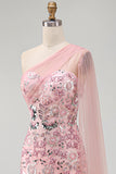 One Shoulder Pink Sparkly Mermaid Long Formal Dress