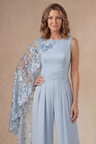 Sky Blue Round Neck Sleeveless Mother of the Bride Jumpsuit